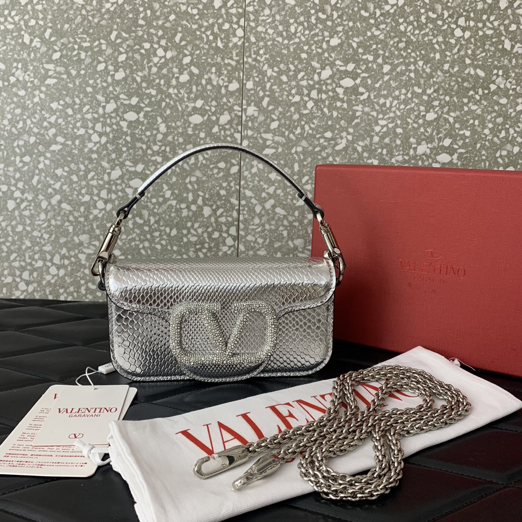 Valentino Garavani Loco Small Shoulder Bag in Silver Snake Grain Calfskin Leather 